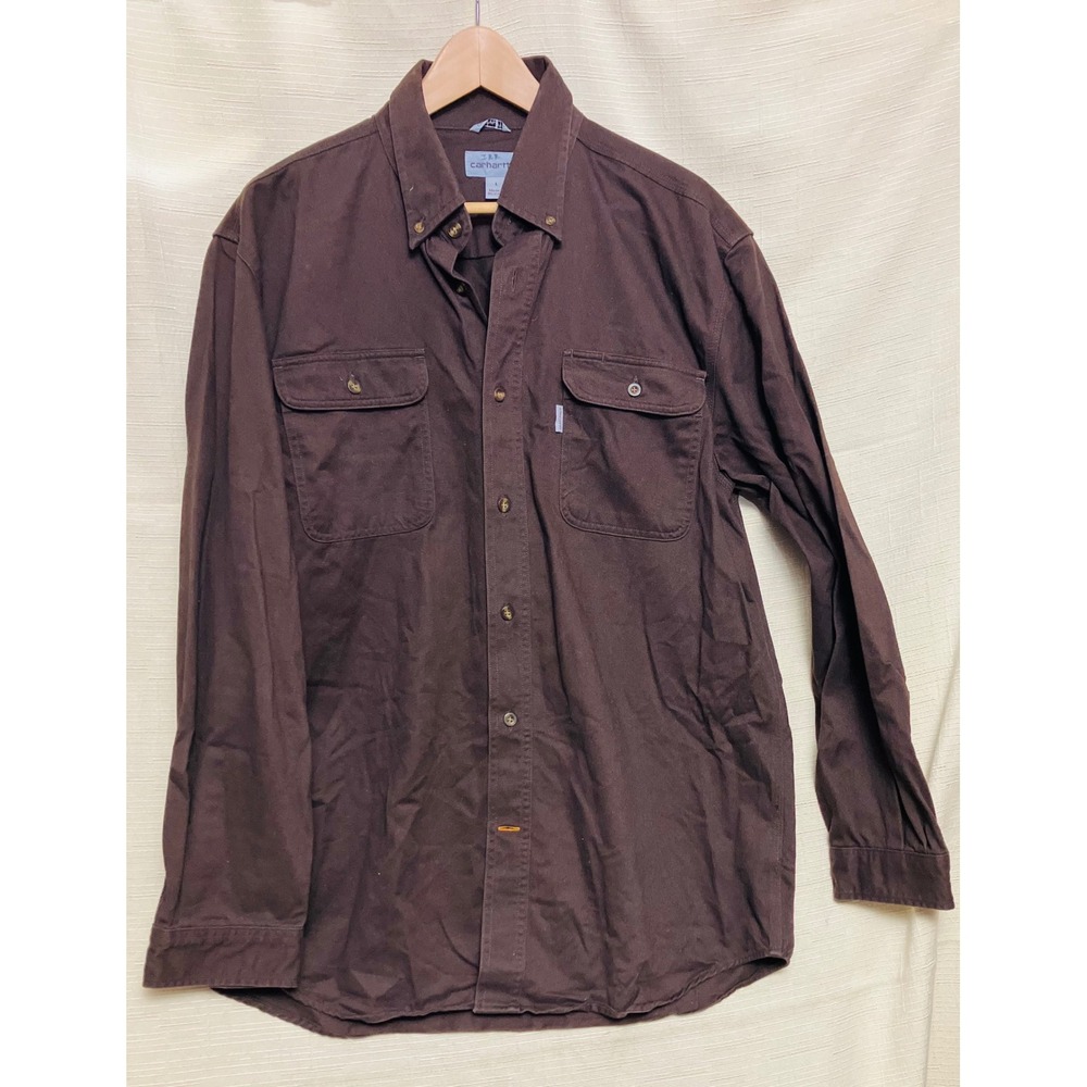 Carhartt Button Down Shirt Mens L Brown Excellent Twill Long Sleeve Workwear